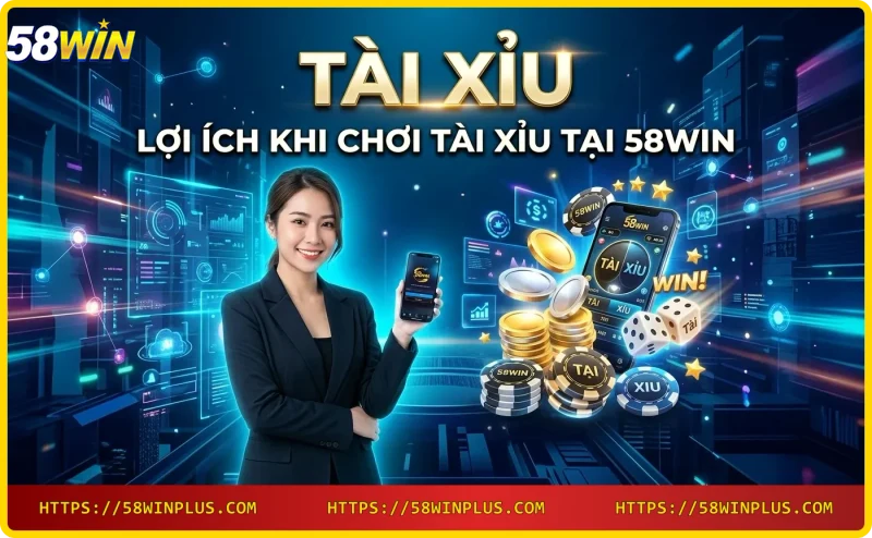 Bàn tài xỉu casino với ba viên xí ngầu thắng, chip vàng và giao diện neon - lợi ích game tài xỉu 58WIN