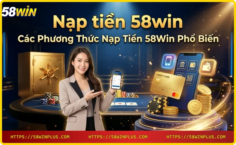 Bốn biểu tượng phương thức nạp tiền 58win: ngân hàng, ví điện tử, thẻ cào, tiền điện tử