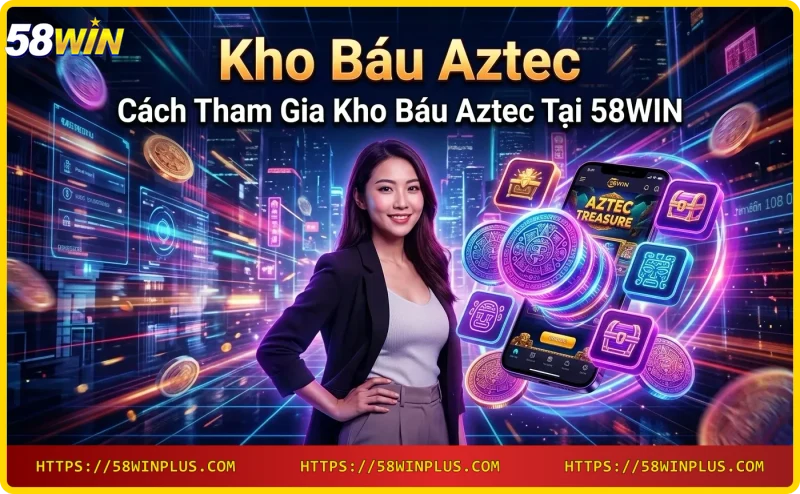 Điện thoại hiển thị game Kho Báu Aztec trên nền neon - Cách tham gia 58WIN