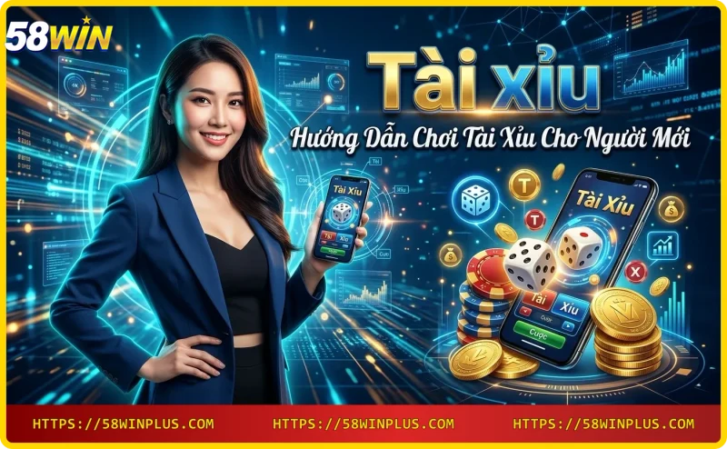 Điện thoại hiển thị giao diện game tài xỉu, xí ngầu bay xung quanh - hướng dẫn chơi tài xỉu 58WIN
