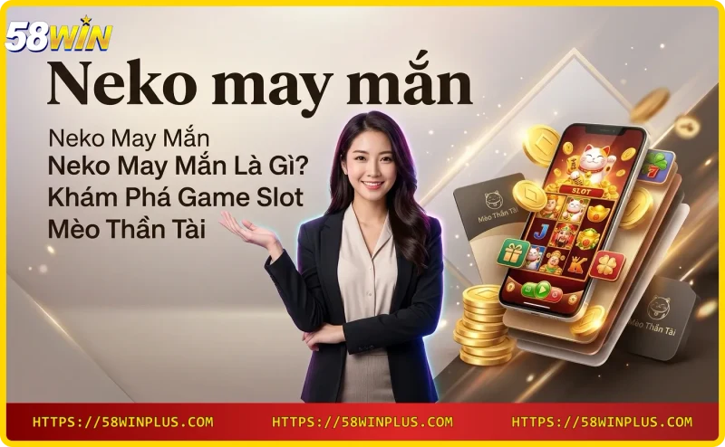Giao diện slot Neko may mắn với biểu tượng mèo thần tài và đồng xu