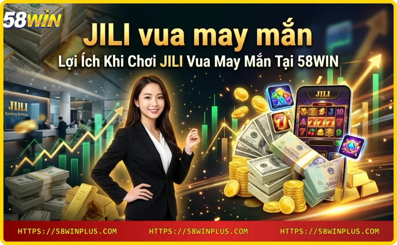 Lợi ích khi chơi JILI vua may mắn tại 58WIN - chồng tiền xu vàng, biển jackpot phát sáng, điện thoại hiển thị chiến thắng