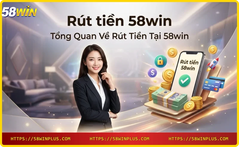 Tổng quan rút tiền 58win với thiết bị công nghệ và biểu tượng bảo mật